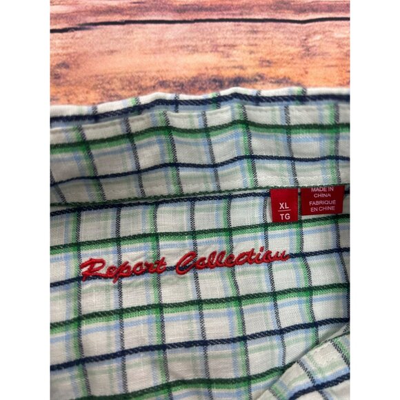 Report Collection Mens Plaid Linen Shirt XL NWT New Blue-Green Check - Picture 4 of 7